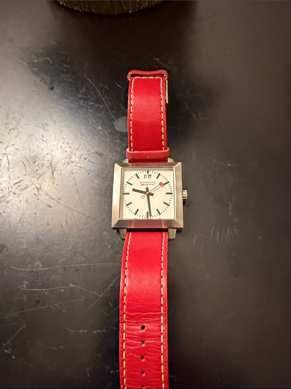 Mondaine Stainless Square Watch with Red leather  Strap (9 1/2 in)